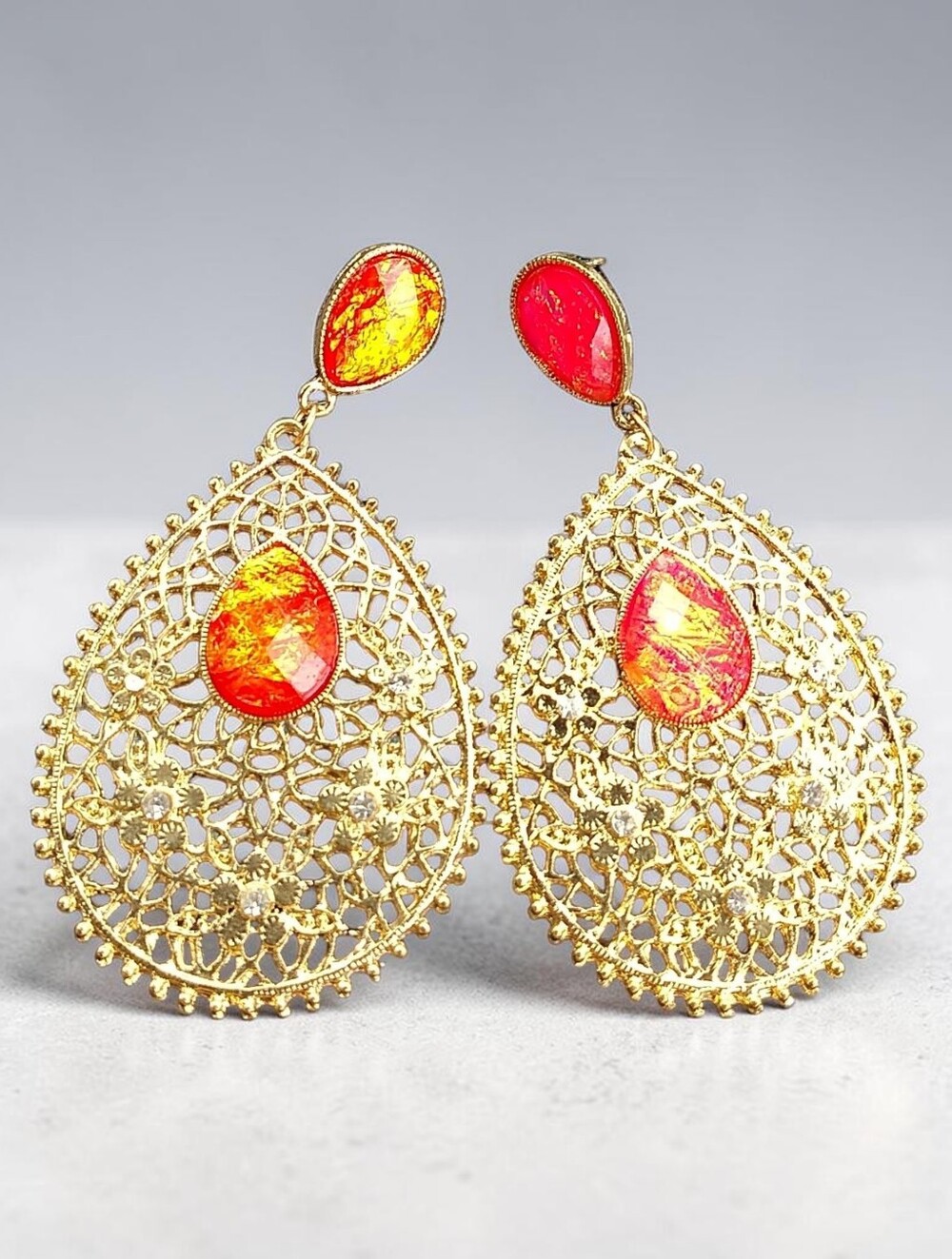 Gold Filigree Teardrop Earrings with Red-Orange Gem Accents